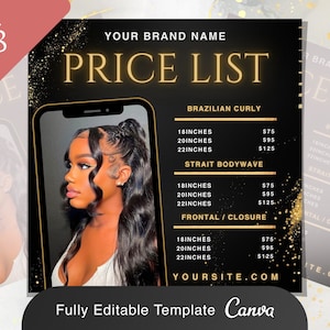 Folleto de lista de precios de cabello / Salón de belleza Precios modernos Pelucas trenzas Pestañas Estilista Redes sociales Instagram Plantilla de Canva editable