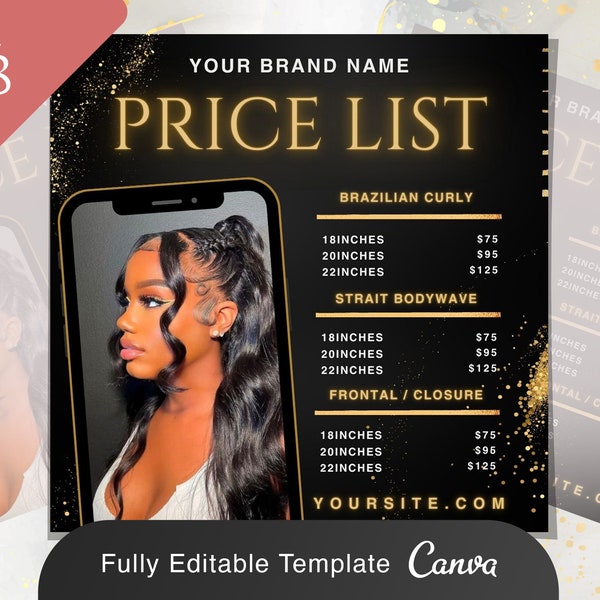 Hair Pricelist Flyer | Beauty Salon Modern Pricing Braid Wig Lashes Stylist  Social Media Instagram Editable Canva Template