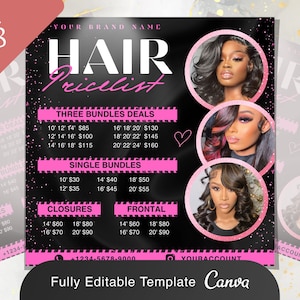 Hair Price List Flyer Templates | DIY Booking Beauty Salon Braids Wig Stylist Pricing Design Boutique Social Media Editable Canva