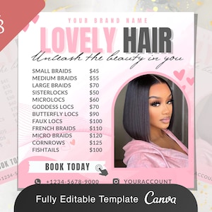 Lovely Hair Pricelist Flyer | Beauty Salon Modern Pricing Braid Wig Lashes Stylist  Social Media Instagram Editable Canva Template