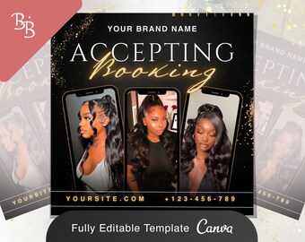 May include: A black and gold social media graphic with the text "ACCEPTING Booking" in gold lettering. The graphic features three images of women with long, dark hair in different styles. The text "YOUR SITE.COM" and a phone number are included.