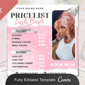 Lash Bash Prislista Flyer | Ögonfransförlängningar Sminkbokning MUA Salong Sociala Medier Instagram Redigerbar Canva Mall