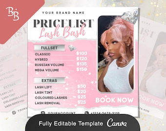 Lash Bash Pricelist Flyer |  Lashes Extensions Makeup Appointment MUA Salon Social Media Instagram  Editable Canva Template
