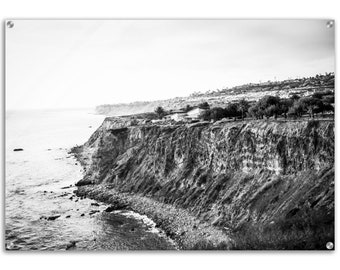 Black and White Acrylic Wall Art Photograph of Palos Verdes Cliffs ,Minimalist Coastal Decor , High-Quality Print