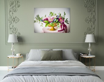 Pink Floral Arrangement in Vase Acrylic Wall Art, Elegant Wall Art