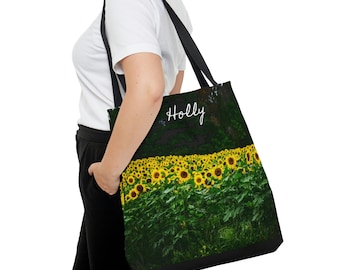 Personalized Black Canvas Tote with Sunflower Field Photo - Customizable Eco-Friendly Bag, birthday gift