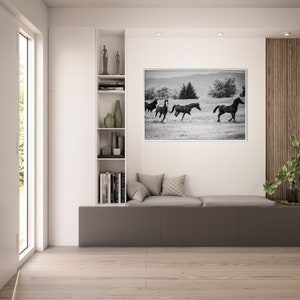 Black and White Wild Horses in Meadow Wooden Framed Poster, Nature Wall Art