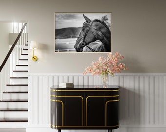 Black and White Horse Wooden Framed Poster, Nature Wall Art