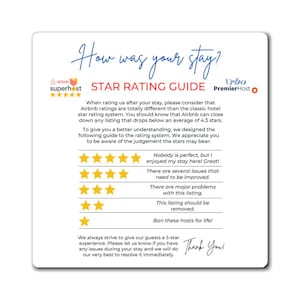 Aimant explicatif de notation AirBnb/VRBO en 3 tailles, panneau de notation Airbnb 5 étoiles, signalisation Airbnb, super hôte, livre de bienvenue, liste de contrôle du règlement intérieur
