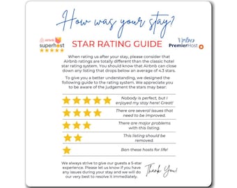 Imán explicativo de la calificación de AirBnb/VRBO en 3 tamaños, letrero de calificación de 5 estrellas de Airbnb, señalización de Airbnb, Superanfitrión, libro de bienvenida, lista de verificación de las reglas de la casa