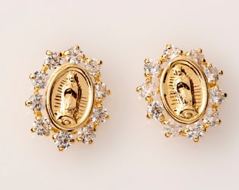 14 kt geelgouden guadalupe-oorknopjes – religieuze Maagd Maria-oorbellen met zirkonia – katholieke sieraden cadeau voor baby’s en volwassenen