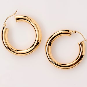 14K Yellow Gold Tube Hoop Earrings | Solid Gold Lightweight Hoops | Minimalist Everyday Jewelry Gift for Her