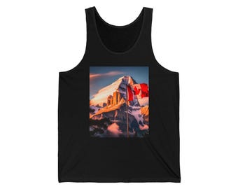 May include: A black tank top with a graphic of a mountain range with a Canadian flag waving in the wind. The mountain range is snow-capped and the sky is a vibrant orange and blue.