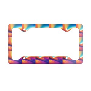 May include: A colorful license plate frame with a swirling abstract design in shades of orange, blue, purple, and pink.