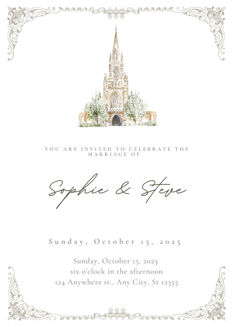 Custom Wedding Digital Invitation With Watercolor Venue Painting
