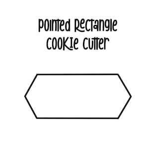 May include: A black and white image of a cookie cutter in the shape of a pointed rectangle. The text "Pointed Rectangle Cookie Cutter" is above the shape. The Bain-Marie Cake & Cookie Studio logo is at the bottom.
