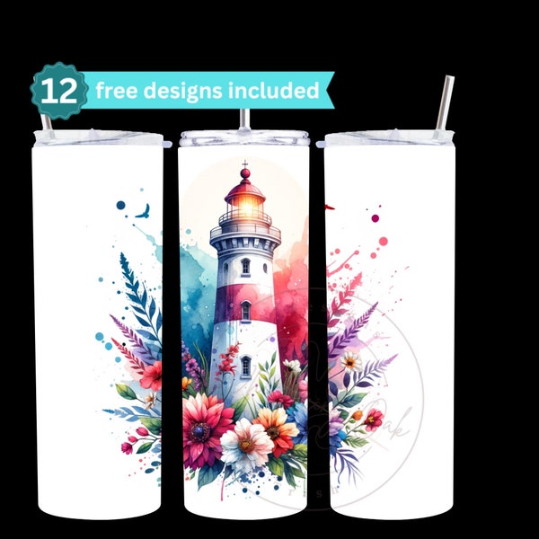 Floral Lighthouse SEAMLESS 20 oz Skinny Straight Tumbler Sublimation Design Instant Digital Download PNG, Watercolor Nautical Beacon Tumbler