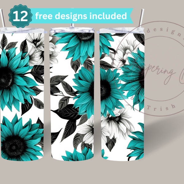 Sunflower SEAMLESS 20 oz Skinny Tumbler Sublimation Design Instant Digital Download only, Turquoise Sunflower PNG, Teal Sunflower Tumbler