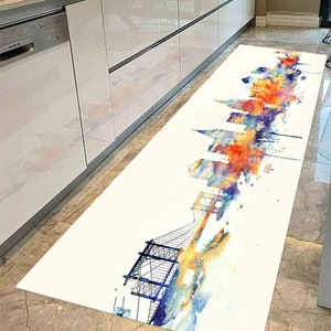 Personalized Rug, Office Rug, Salon Rug, Gift Rug, Watercolor City Silhouette Rug, Landmark Rug, Landscape Rugs, Accent Rug, Nursery Rug,