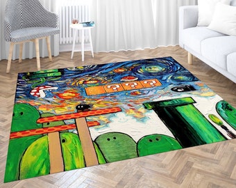 3D Printed Rug, Wedding Rug, Step Rug, Housewarming Gift, Mario Van Gogh Rugs, Mario World Rug, Modern Rugs, Outdoor Rug, Gaming Room Rug,