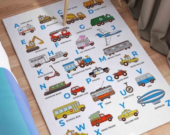 Fahrzeug ABC Teppich, ABC Teppich, Kinderteppiche, Geschenk für das Zuhause, Kinderzimmerteppich, rutschfester Teppich, Teppich für Jungen,