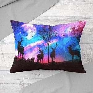 Housewarming Gift, Night Printed Pillow, Pink Pillow Cover, Deer Silhouette Cushion Case, Animal Pillow Sham, Decorative Cushion,