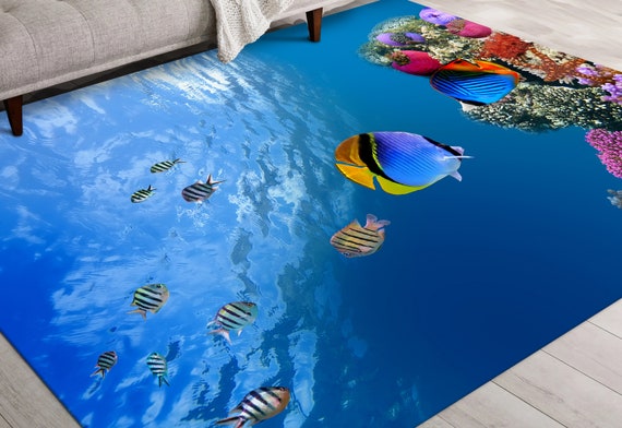 Office Rug, Popular Rug, Corridor Rug, Gift For The Home, Underwater Fish View Rug, Underwater Rugs, Animal Rug, Gift For Him, Blue Rug,