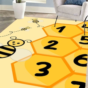 Cute Bee And Numbers Rug, Cute Bee Rugs, Yellow Rugs, Kids Room Rugs, Living Room Rug, Cool Rug, 3D Printed Rug, Thin Rug, Girl Room Rug,