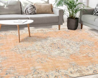 Colorful Rug, Salon Decor Rug, Indoor Rug, Gift For The Home, Medallion Rug, Turkish Rug, Orange Rugs, Luxury Rug, Bridesmaid Gift, Thin Rug