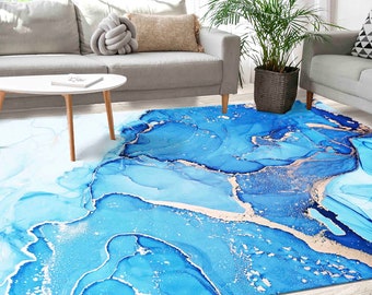 Wohnzimmerteppich, Haustierfreundlicher Teppich, Großer Teppich, Rutschfester Teppich, Blautöne Marmor Teppich, Alkohol Tinte Teppich, Auto Matte, Blauer Teppich,