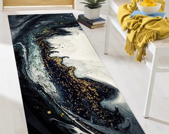 Machine Washable Rug, Salon Decor Rug, Black Rug, Gift Rug, Black And Gold Marble Rugs, Luxury Marble Rug, Alcohol Ink Rugs, Accent Rug,
