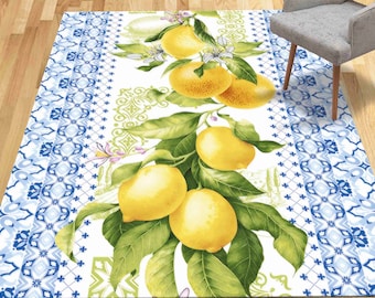 Lemon Pattern Rugs, Blue Rug, Kitchen Rug, Modern Rug, Thin Rug, Runner Rug, Door Mat, Cool Rug, Anti-Slip Carpet, Machine Washable Rug,