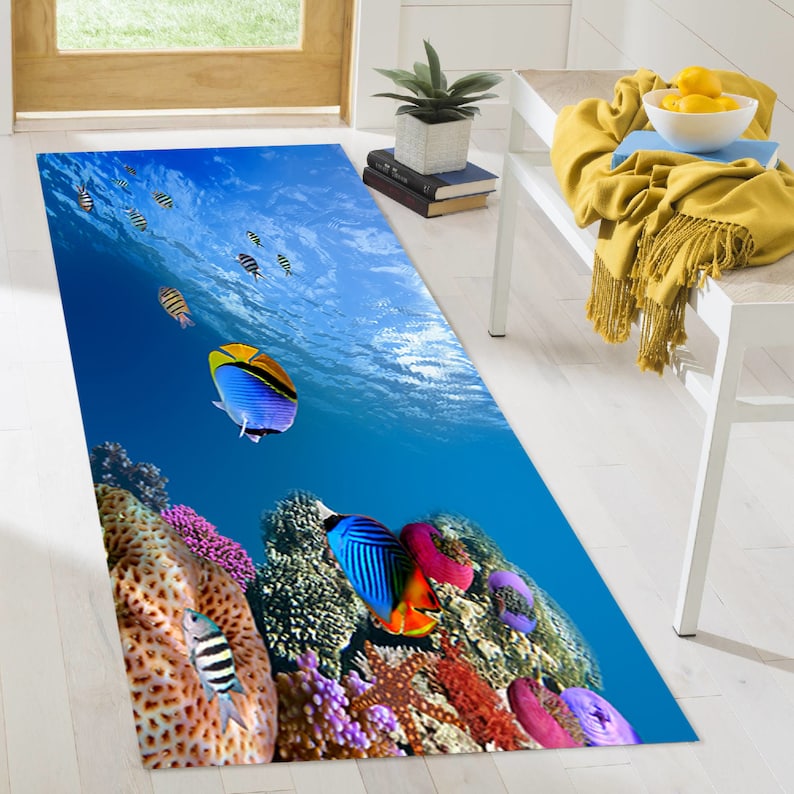 Office Rug, Popular Rug, Corridor Rug, Gift For The Home, Underwater Fish View Rug, Underwater Rugs, Animal Rug, Gift For Him, Blue Rug, image 4