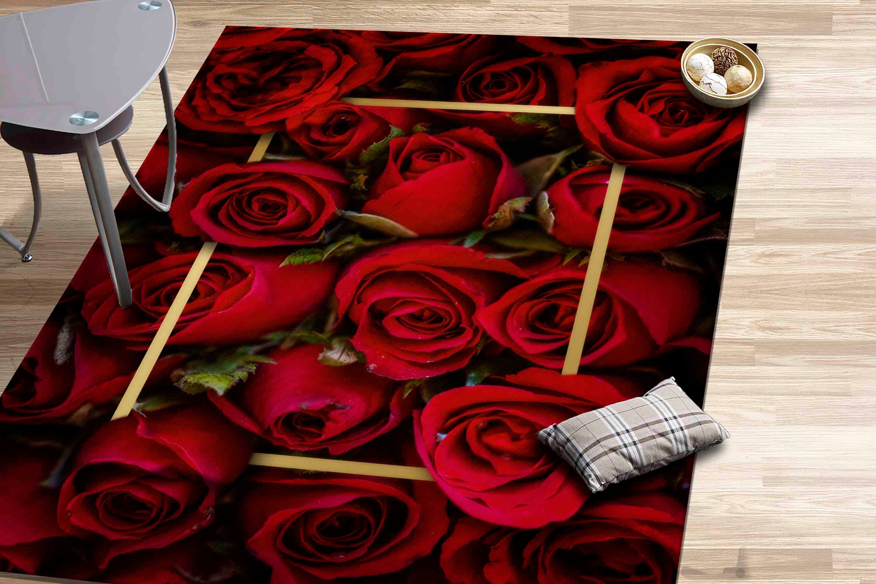 Rose Rugs, Gold Frame Rug, Red Rose Rug, Flower Rug, Red Rug, Dining ...