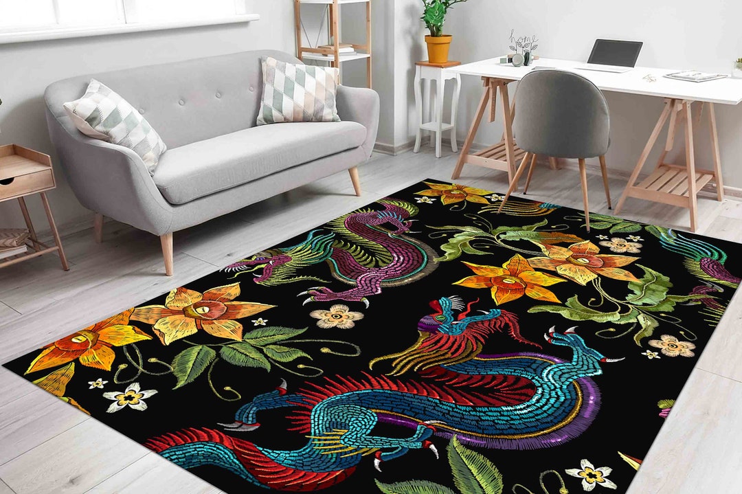 Dragon Rugs, Japanese Rug, Floral Rugs, Modern Rugs, Gift for Her, Pet Friendly Rug, Pattern Rug