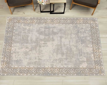 Beige Vintage Rug | Washable Non-Slip Printed Carpet | Elegant Scroll Border Design | Modern Living Room Decor | Custom Size Rug