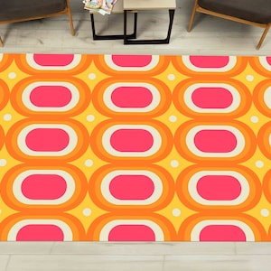 Retro Rug, Wavy Trippy Rug, Pink Rugs, Modern Rug, Round Rug, Housewarming Gift, Gift For Her, Salon Decor Rug, Kitchen Rug, Orange Rug,
