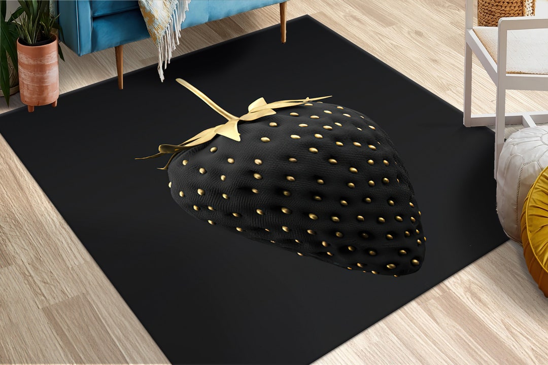 Stawberry Rug Thin Rug, Round Rug, Classic Rug, Housewarming Gift, Black and Gold ...