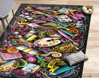 May include: A colorful rug with a black background featuring a variety of art supplies, including paintbrushes, pencils, paint palettes, and scissors. The rug has the word "Artistic" written on it in a yellow banner.