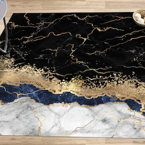 Läufer, Teppichläufer, Leicht zu reinigender Teppich, Rutschfester Teppich, Schwarzer und Goldener Marmor Teppich, Luxus Marmor Teppich, Alkohol Ink Teppich, Goldteppich,