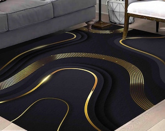 Golden Rug, Black and Gold Rug, Abstract Rugs, Modern Rug, Bath Rug, Salon Rug, Easy To Clean Rug, Office Rug, Luxury Rug, Hallway Rug,