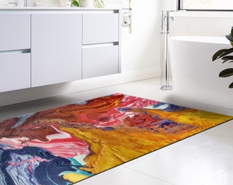 Könnte beinhalten: Abstrakter Badematten mit einem farbenfrohen, wirbelnden Design in Blautönen, Rosa, Gelb und Rot. Die Matte besteht aus einem weichen, saugfähigen Material und ist perfekt, um jedem Badezimmer einen Hauch von Stil zu verleihen.
