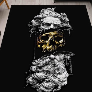 Golden Skull in Poseidon&#39;s Head Rugs, Trendy Rugs, Abstract Rug, Modern Rug, Entryway Rug, Bathroom Rug, Small Rug, Saloon Rug, Loft Rug,