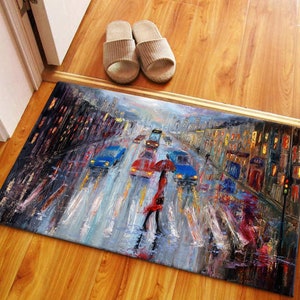 Door Mat, Wedding Rug, Soft Rug, Gift Rug, Girl Room Rugs, Woman With Red Umbrella Crossing The Street Rugs, Modern Rugs, Housewarming Gift,