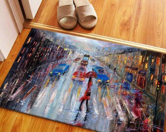 Door Mat, Wedding Rug, Soft Rug, Gift Rug, Girl Room Rugs, Woman With Red Umbrella Crossing The Street Rugs, Modern Rugs, Housewarming Gift,