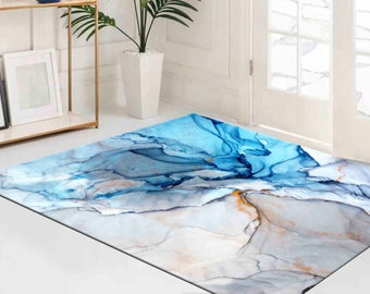 Dicker Teppich, Salondekorteppich, 3D-Druckteppich, Rutschfester Teppich, Grauer und Blauer Marmor Teppich, Abstrakter Marmorteppich, Alkohol Tinte Teppich, Marmorteppich,