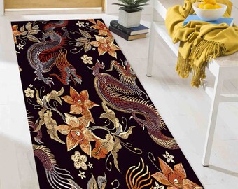 May include: A black and gold runner rug with an embroidered design of two dragons and floral patterns.