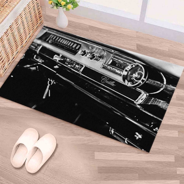 Easy to Clean Rug, Stair Rug, Classic Rug, Anti-Slip Carpet, Cadillac Black White Rug, Old Car Rug, Car Rugs, Salon Rug, Car Mat, Office Rug