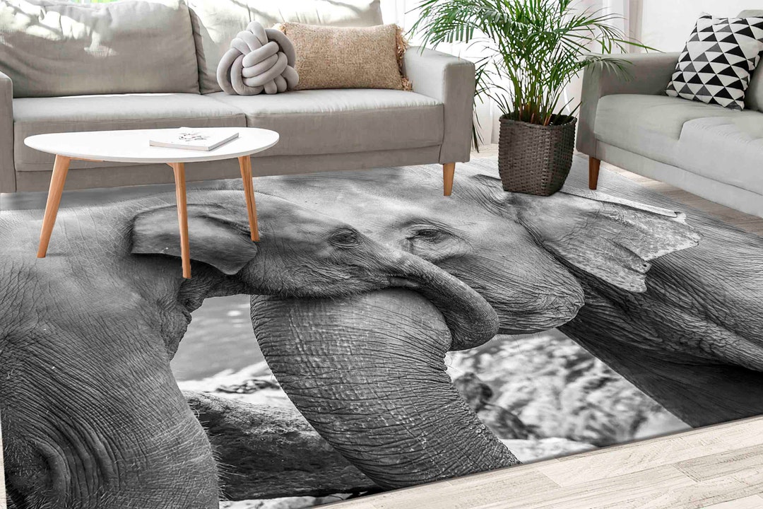 Elephant Rug, Trendy Rug, Black and White Rugs, Living Room Rug, Animal ...