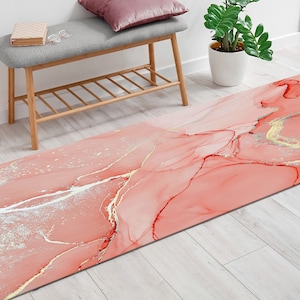 Badezimmer Teppich, Bunter Teppich, Klassischer Teppich, Rutschfester Teppich, Korallenroter und Goldmarmorteppich, Alkoholtintenteppich, Luxusteppich,